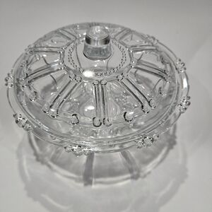 KIG Indonesia Clear Glass Covered Candy Dish  Bead And Panel 7" X 3.5"